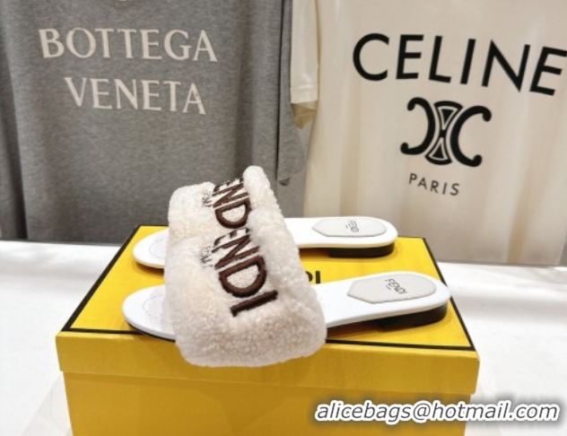 Best Price Fendi Shearling Flat Slides Sandal White FE0822
