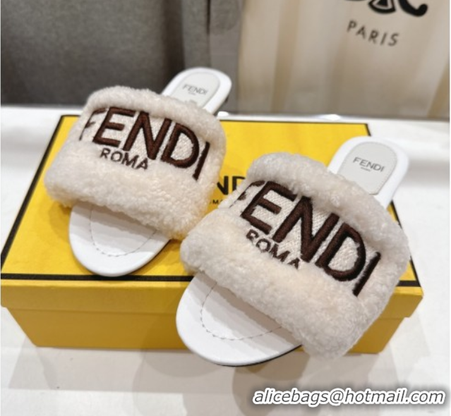 Best Price Fendi Shearling Flat Slides Sandal White FE0822