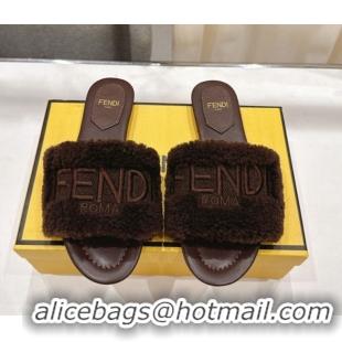 Luxurious Fendi Shearling Flat Slides Sandal Dark Brown 2025 FE0822