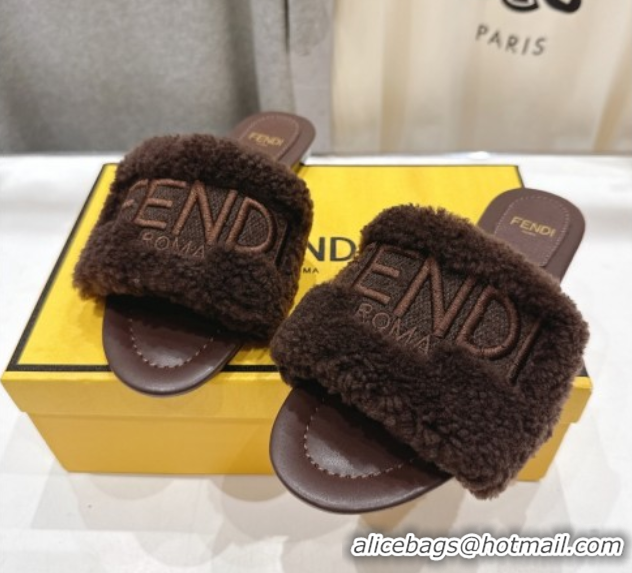 Luxurious Fendi Shearling Flat Slides Sandal Dark Brown 2025 FE0822