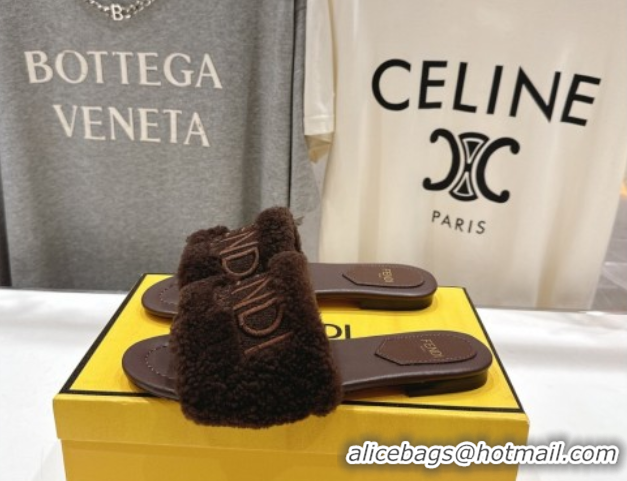 Luxurious Fendi Shearling Flat Slides Sandal Dark Brown 2025 FE0822