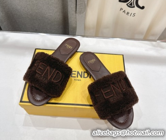 Luxurious Fendi Shearling Flat Slides Sandal Dark Brown 2025 FE0822