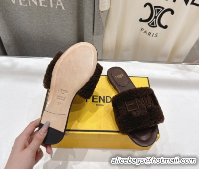 Luxurious Fendi Shearling Flat Slides Sandal Dark Brown 2025 FE0822