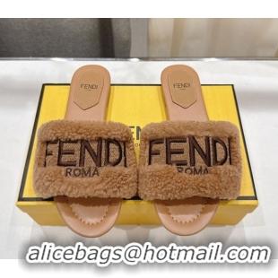 Charming Fendi Shearling Flat Slides Sandal Light Brown 2025 FE0822