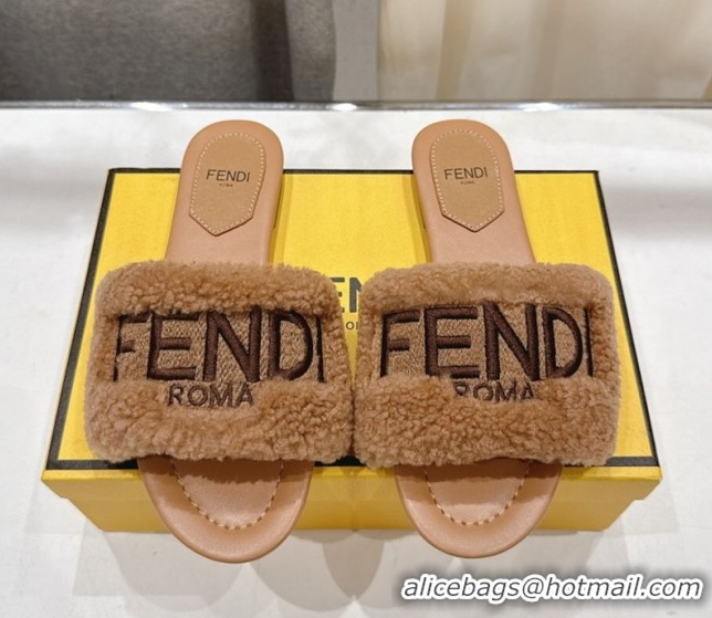 Charming Fendi Shearling Flat Slides Sandal Light Brown 2025 FE0822