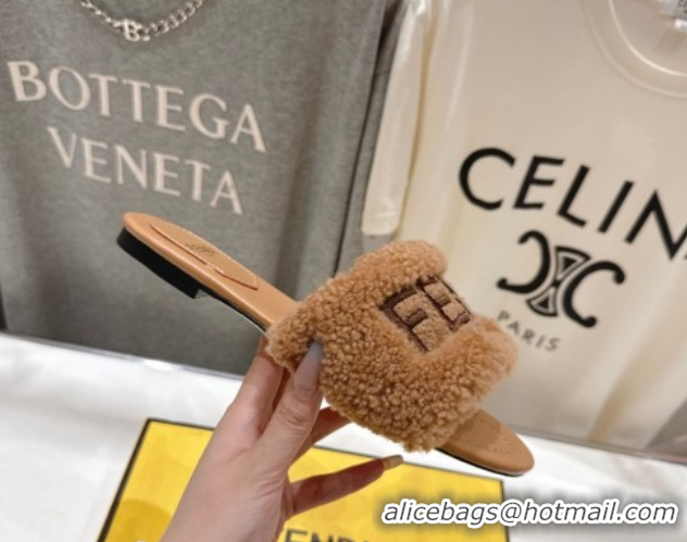 Charming Fendi Shearling Flat Slides Sandal Light Brown 2025 FE0822