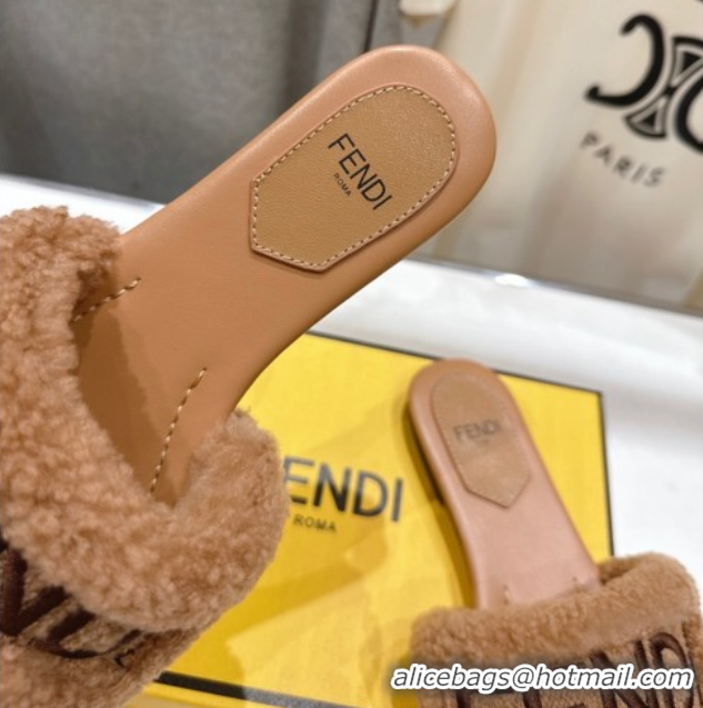 Charming Fendi Shearling Flat Slides Sandal Light Brown 2025 FE0822