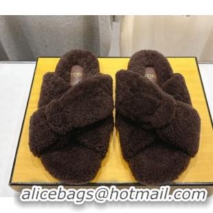 Purchase Fendi Feel Shearling Flat Slides Sandal Dark Brown 2025 FE0821