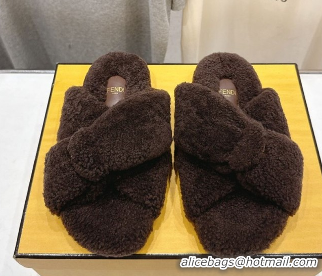 Purchase Fendi Feel Shearling Flat Slides Sandal Dark Brown 2025 FE0821