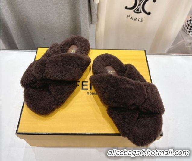 Purchase Fendi Feel Shearling Flat Slides Sandal Dark Brown 2025 FE0821