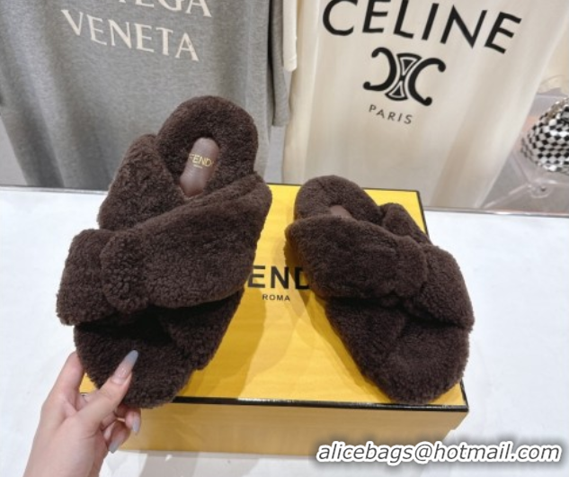 Purchase Fendi Feel Shearling Flat Slides Sandal Dark Brown 2025 FE0821