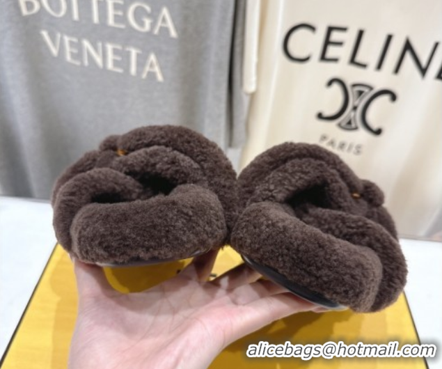 Purchase Fendi Feel Shearling Flat Slides Sandal Dark Brown 2025 FE0821