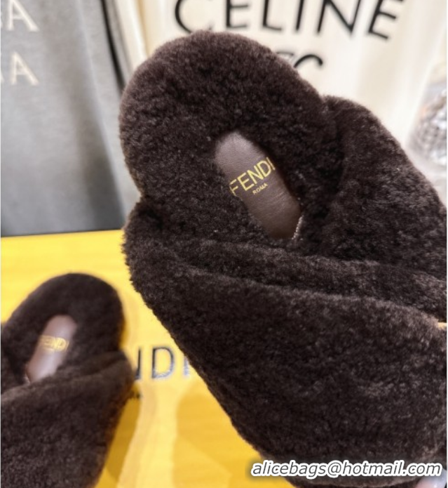 Purchase Fendi Feel Shearling Flat Slides Sandal Dark Brown 2025 FE0821