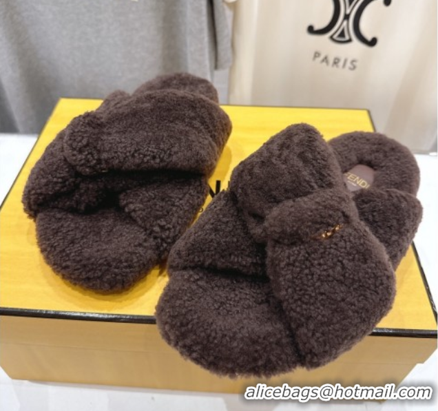 Purchase Fendi Feel Shearling Flat Slides Sandal Dark Brown 2025 FE0821