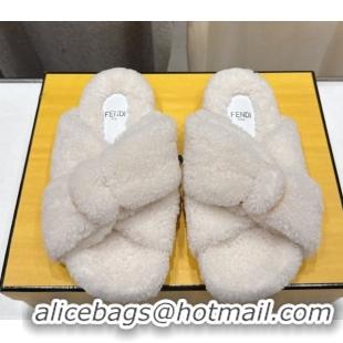 Cheap Price Fendi Feel Shearling Flat Slides Sandal White 2025 FE0821