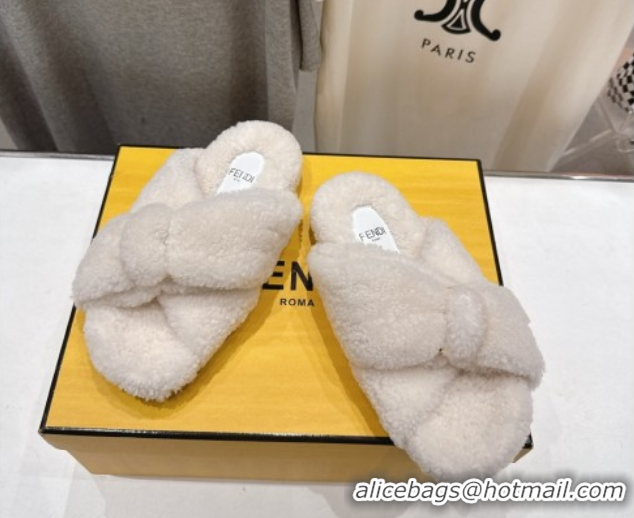 Cheap Price Fendi Feel Shearling Flat Slides Sandal White 2025 FE0821