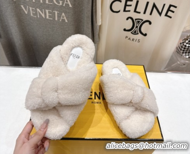 Cheap Price Fendi Feel Shearling Flat Slides Sandal White 2025 FE0821