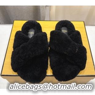 Big Discount Fendi Feel Shearling Flat Slides Sandal Black 2025 FE0821