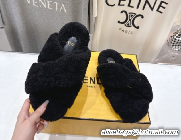 Big Discount Fendi Feel Shearling Flat Slides Sandal Black 2025 FE0821