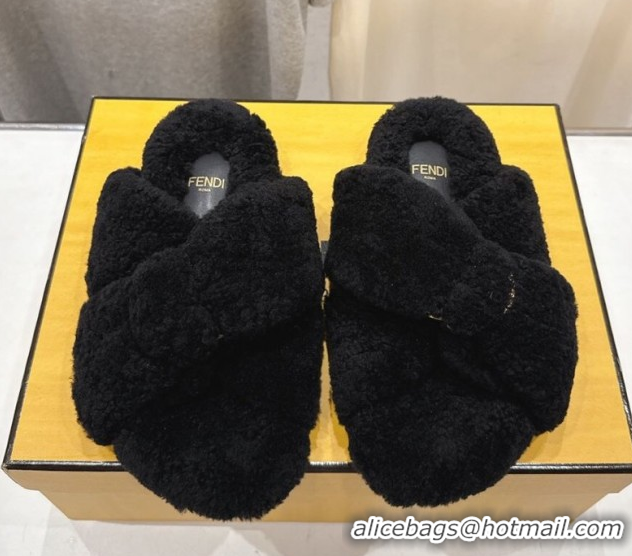 Big Discount Fendi Feel Shearling Flat Slides Sandal Black 2025 FE0821