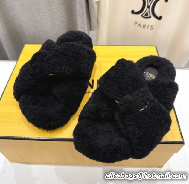 Big Discount Fendi Feel Shearling Flat Slides Sandal Black 2025 FE0821