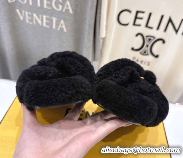 Big Discount Fendi Feel Shearling Flat Slides Sandal Black 2025 FE0821