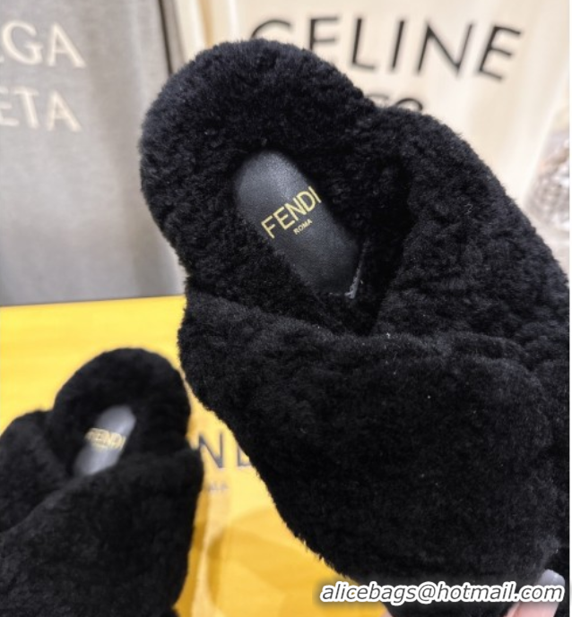 Big Discount Fendi Feel Shearling Flat Slides Sandal Black 2025 FE0821