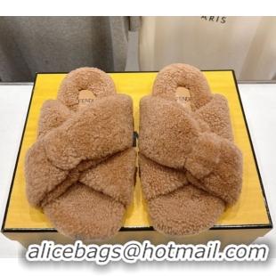 Top Grade Fendi Feel Shearling Flat Slides Sandal Brown 2025 FE0821
