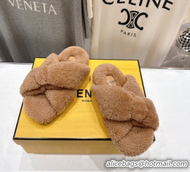 Top Grade Fendi Feel Shearling Flat Slides Sandal Brown 2025 FE0821