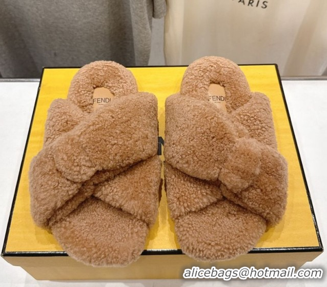 Top Grade Fendi Feel Shearling Flat Slides Sandal Brown 2025 FE0821