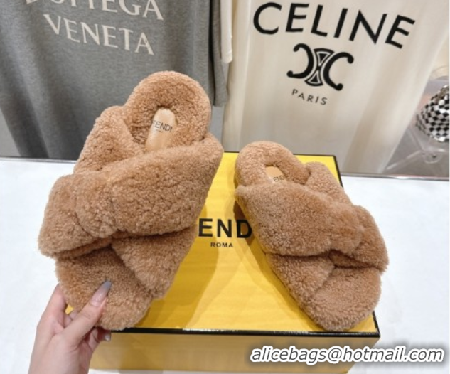 Top Grade Fendi Feel Shearling Flat Slides Sandal Brown 2025 FE0821