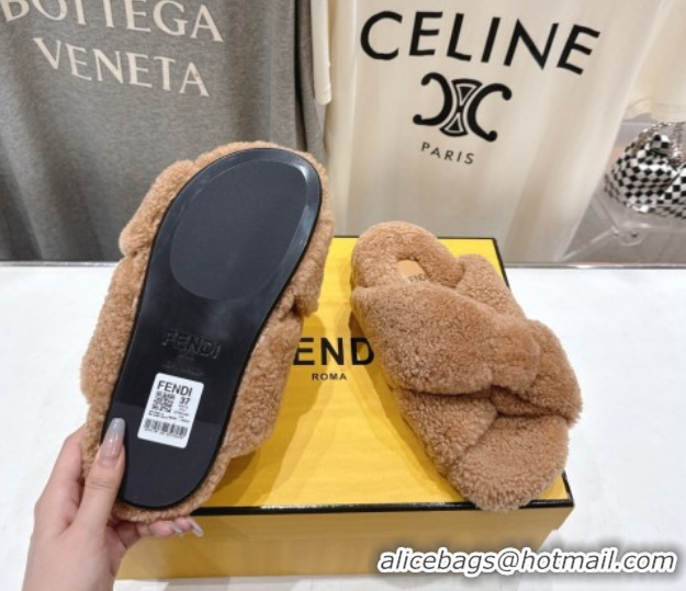 Top Grade Fendi Feel Shearling Flat Slides Sandal Brown 2025 FE0821