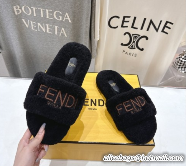 Shop Duplicate Fendi Shearling Flat Slides Sandal Black 2025 FE0820