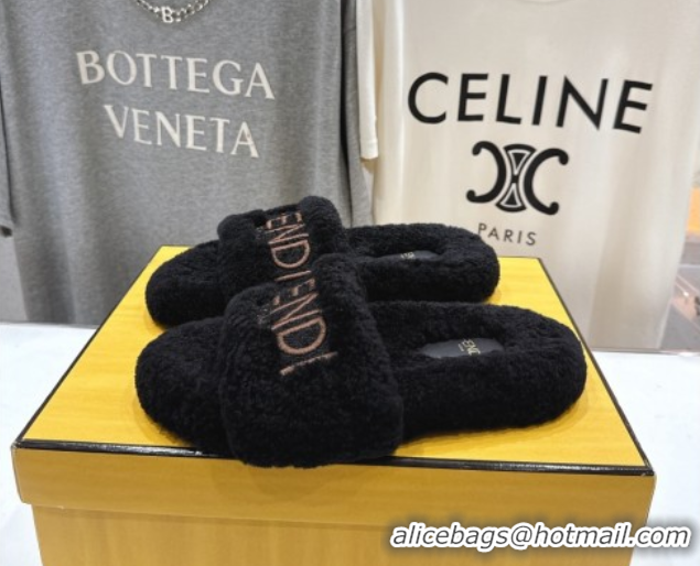 Shop Duplicate Fendi Shearling Flat Slides Sandal Black 2025 FE0820