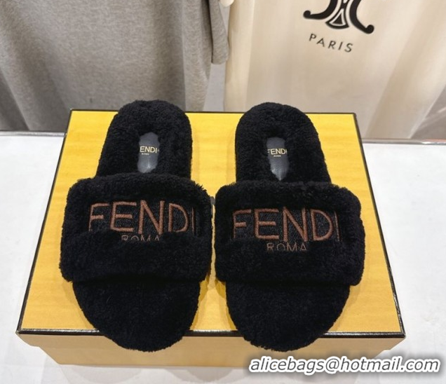 Shop Duplicate Fendi Shearling Flat Slides Sandal Black 2025 FE0820