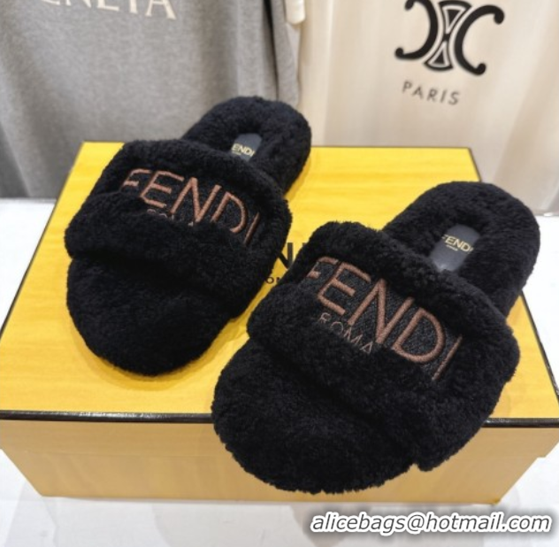 Shop Duplicate Fendi Shearling Flat Slides Sandal Black 2025 FE0820