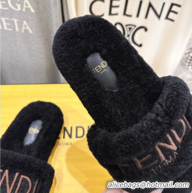 Shop Duplicate Fendi Shearling Flat Slides Sandal Black 2025 FE0820