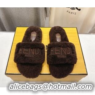 Good Product Fendi Shearling Flat Slides Sandal Dark Brown 2025 FE0820