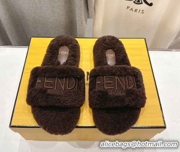 Good Product Fendi Shearling Flat Slides Sandal Dark Brown 2025 FE0820