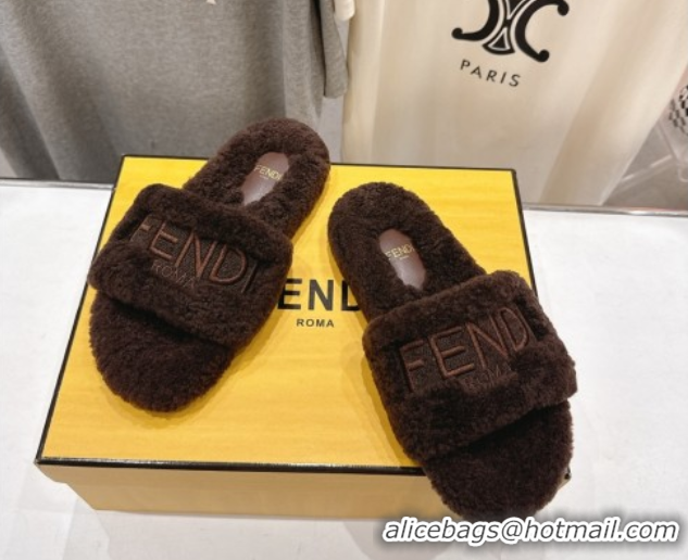 Good Product Fendi Shearling Flat Slides Sandal Dark Brown 2025 FE0820