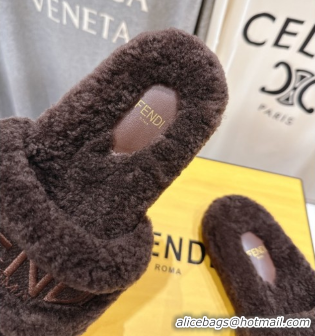 Good Product Fendi Shearling Flat Slides Sandal Dark Brown 2025 FE0820