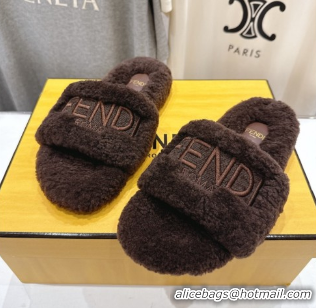 Good Product Fendi Shearling Flat Slides Sandal Dark Brown 2025 FE0820