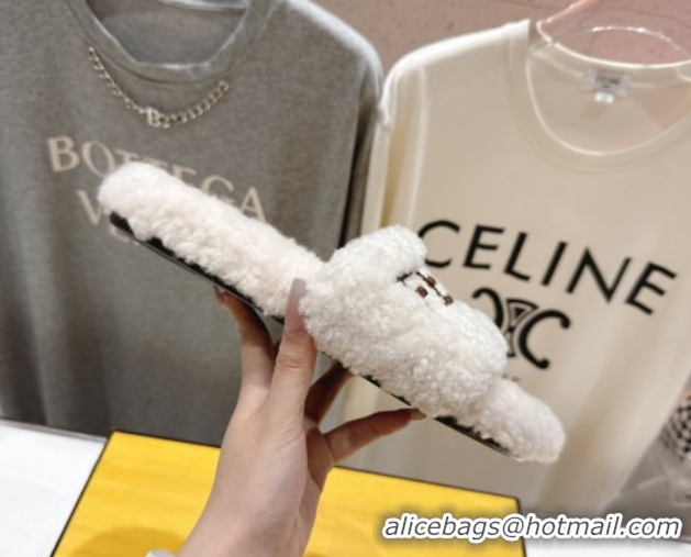 Hot Style Fendi Shearling Flat Slides Sandal White 2025 FE0820