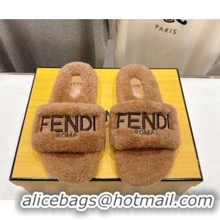 Pretty Style Fendi Shearling Flat Slides Sandal Light Brown 2025 FE0820