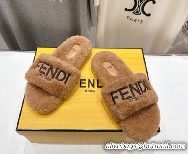 Pretty Style Fendi Shearling Flat Slides Sandal Light Brown 2025 FE0820
