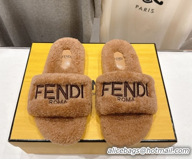 Pretty Style Fendi Shearling Flat Slides Sandal Light Brown 2025 FE0820