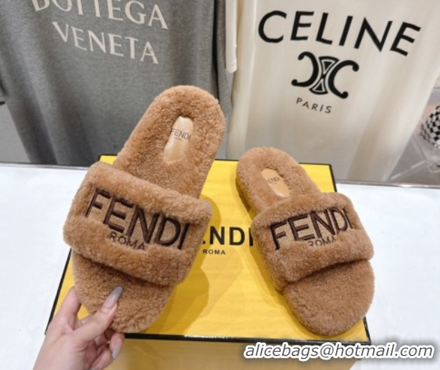 Pretty Style Fendi Shearling Flat Slides Sandal Light Brown 2025 FE0820