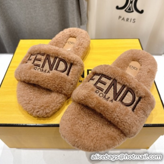 Pretty Style Fendi Shearling Flat Slides Sandal Light Brown 2025 FE0820