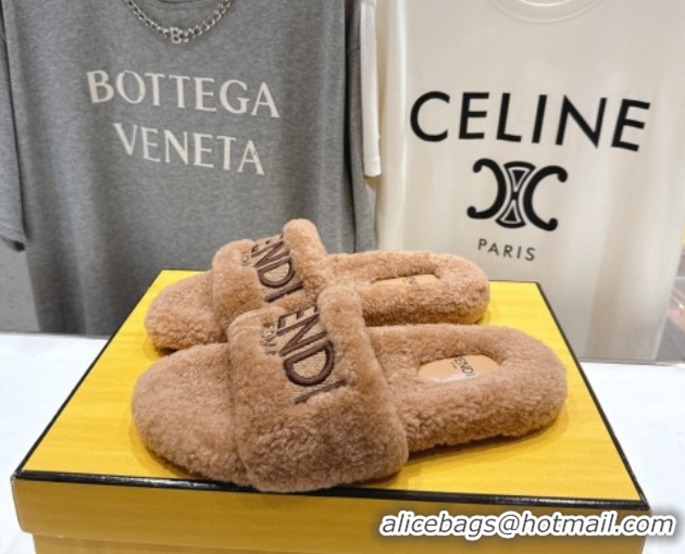 Pretty Style Fendi Shearling Flat Slides Sandal Light Brown 2025 FE0820