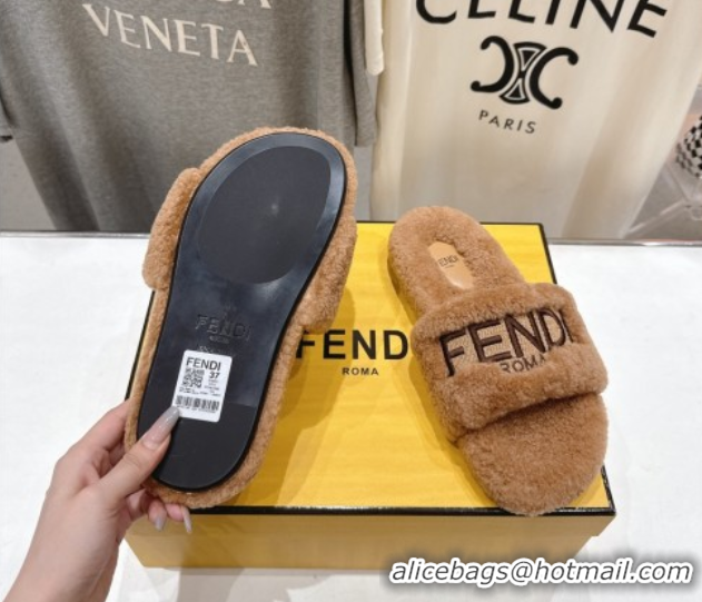 Pretty Style Fendi Shearling Flat Slides Sandal Light Brown 2025 FE0820